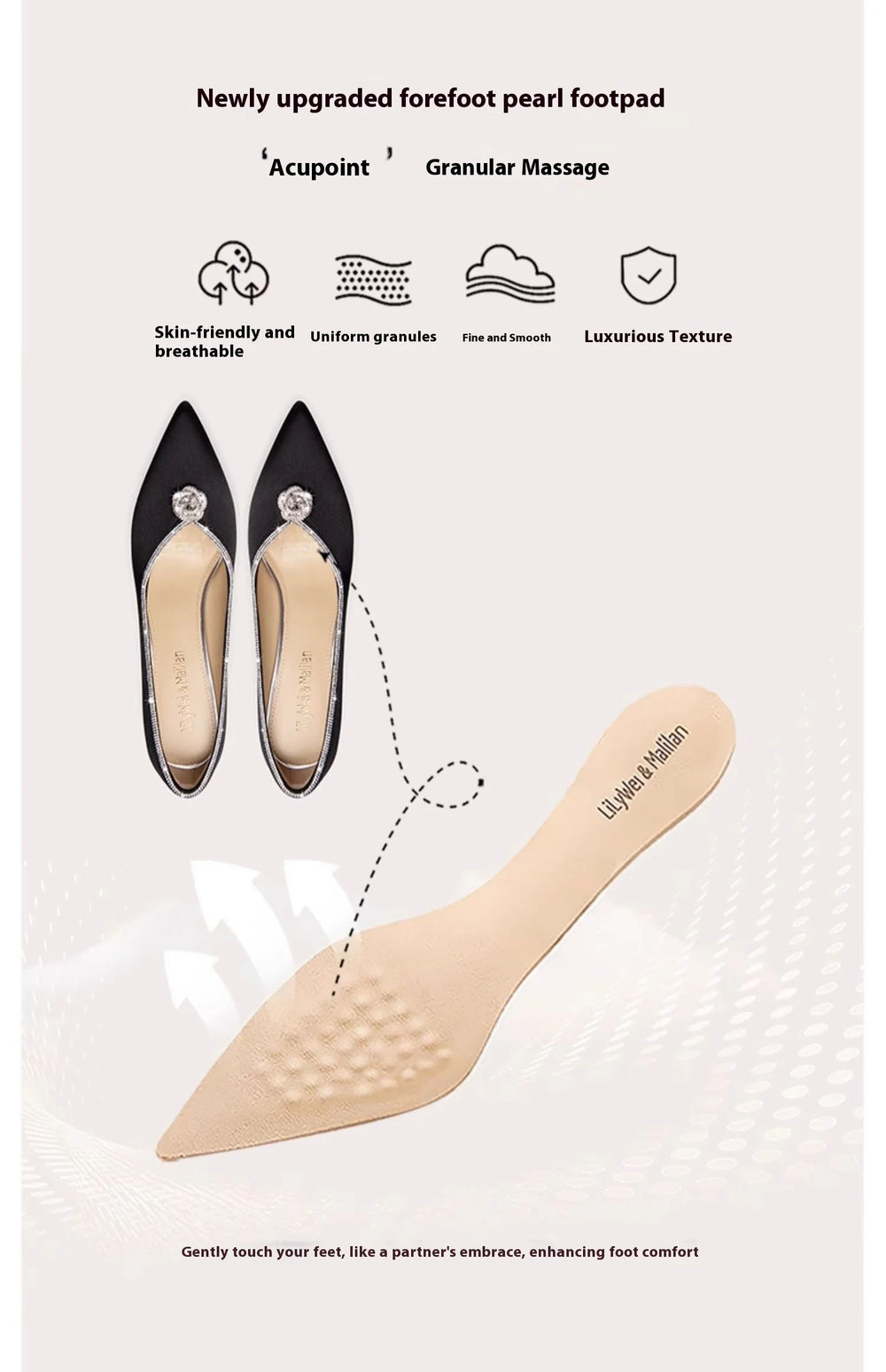 Foot pad with packaging and text on a light gray background