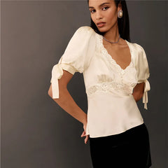 Satin Lace Puff Sleeve V-Neck Blouse