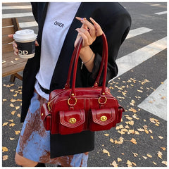 Microfiber Leather Vintage Pocket Satchel – Black & Burgundy