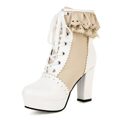 White and beige lace-up platform boot on a white background