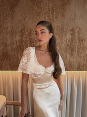 Close-up of lace bodice on maxi dress