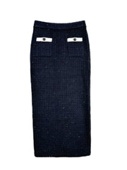 Black Tweed Floral Cardigan & High-Waist Midi Skirt Set