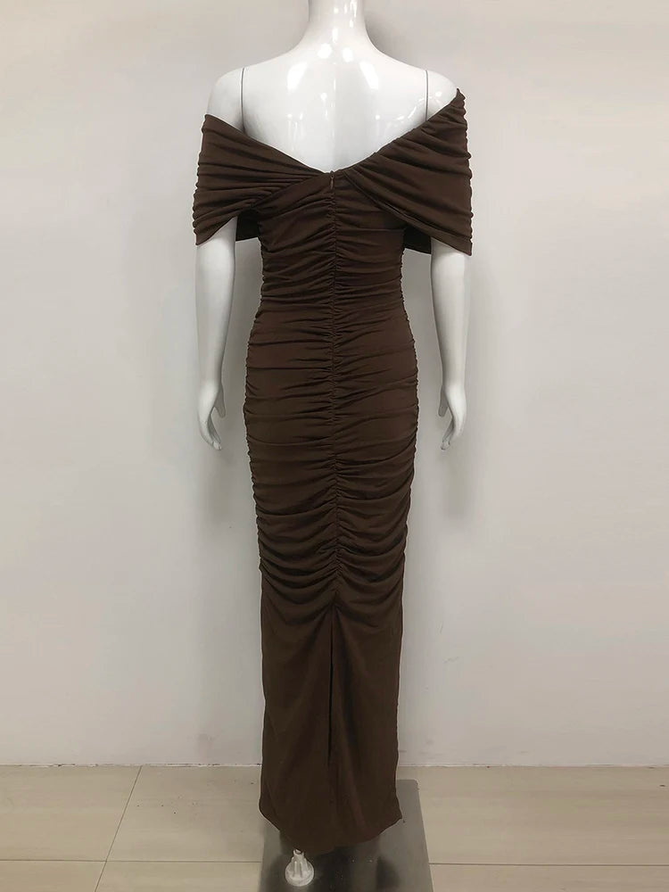 Brown off-shoulder ruched dress on a mannequin against a white background