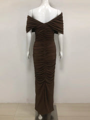 Brown off-shoulder ruched dress on a mannequin against a white background