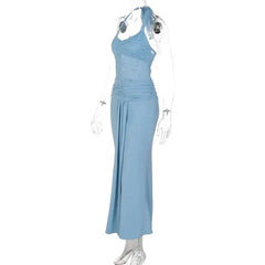 Blue Lace Ruched Front Split Maxi Dress