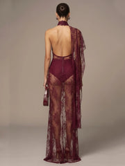 Burgundy Sheer High Neck Draped Lace Maxi Dress