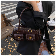 Microfiber Leather Vintage Pocket Satchel – Black & Burgundy