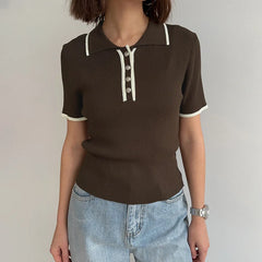 Ribbed Knit Polo Collar Short Sleeve Contrast Trim Cropped Top