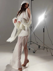 White sheer mesh two-piece set with turtleneck and ruched skirt