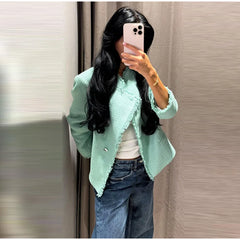 Textured Cropped Fringed Collar Jacket
