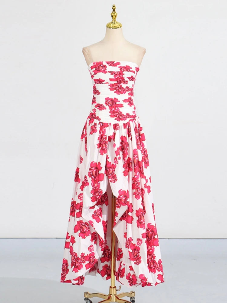 Floral strapless dress on a mannequin against a white background