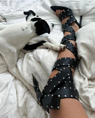 Studded Lace-Up Thigh-High Heels
