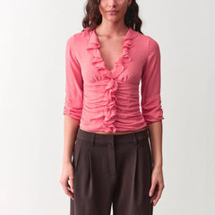 Ruffle V-Neck Quarter Sleeve Cropped Top