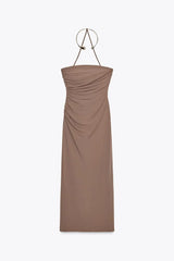 Brown strapless dress on a white background