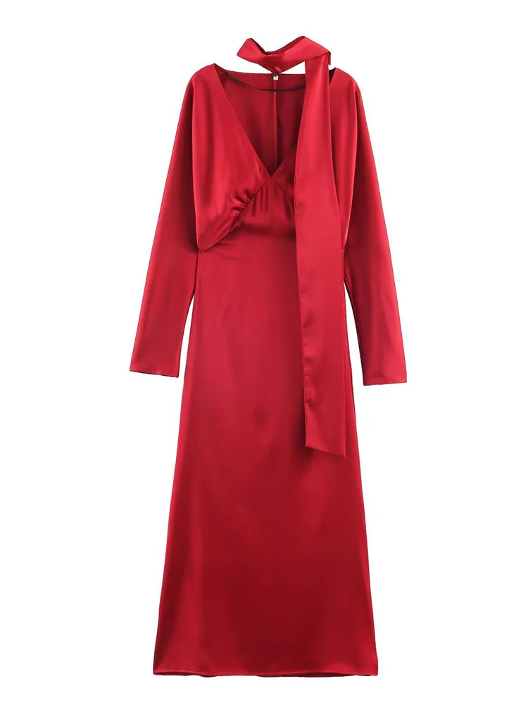 Red evening gown with long sleeves on a white background