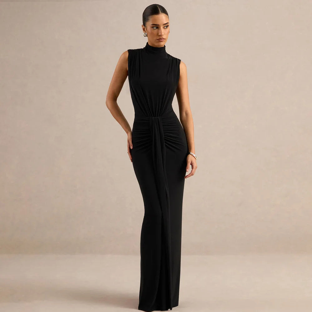 Black mock neck sleeveless maxi dress with ruched waist