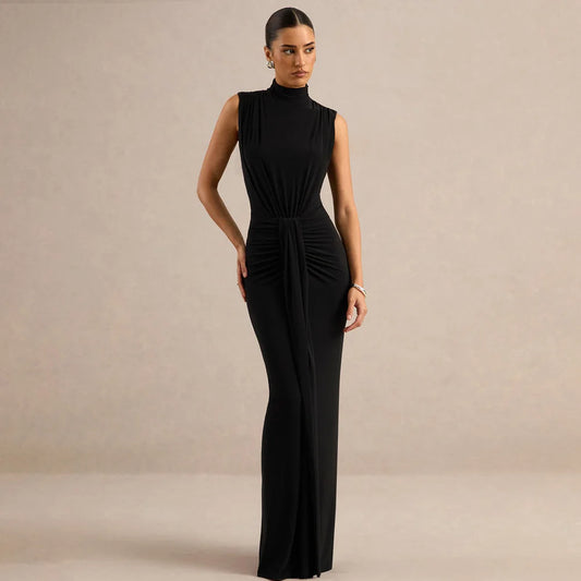Black mock neck sleeveless maxi dress with ruched waist