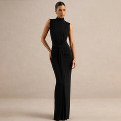 Black mock neck sleeveless maxi dress with ruched waist