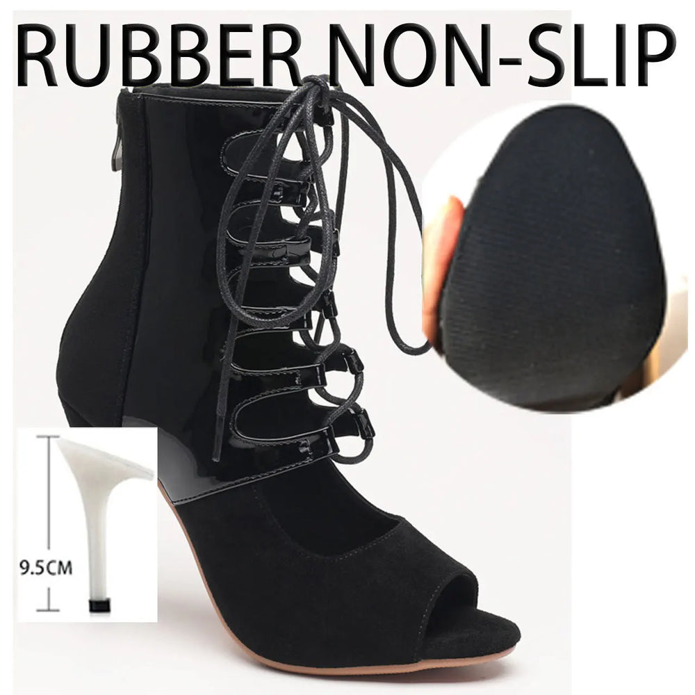 Black high-heeled lace-up shoe with non-slip rubber sole, size 9.5cm height, and close-up of sole.