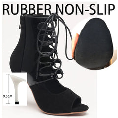 Black high-heeled lace-up shoe with non-slip rubber sole, size 9.5cm height, and close-up of sole.