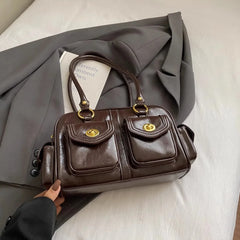 Microfiber Leather Vintage Pocket Satchel – Black & Burgundy