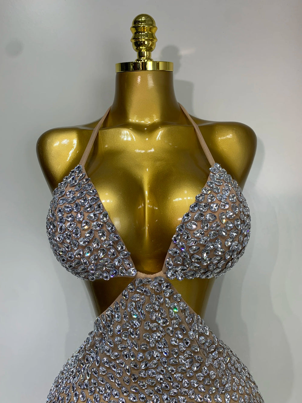 V-Neck Sleeveless Crystal Embellished Bodycon Mini Dress Neckline Detail