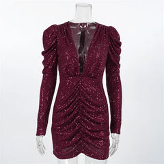 Puff Sleeve Deep Neck Sequin Mini Dress