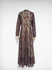 Back view of brown long sleeve lace embellished maxi dress