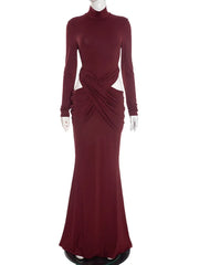 Red Turtleneck Long Sleeve Ruched Twisted Long Dress