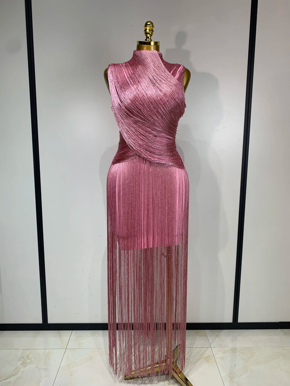 Pink fringe turtleneck dress