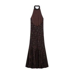 Brown evening gown with sequin detailing on a white background