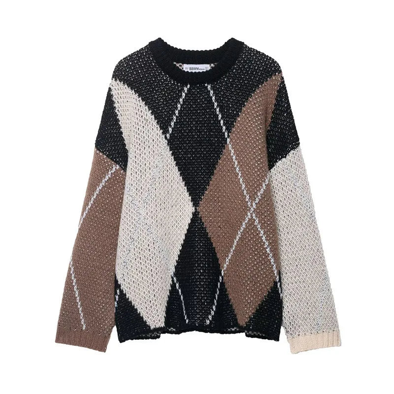 Knitted sweater with argyle pattern on a white background