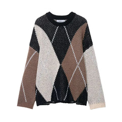 Knitted sweater with argyle pattern on a white background