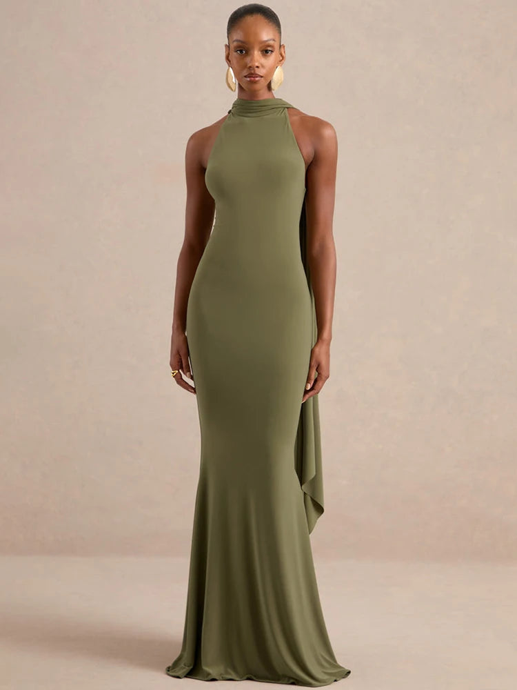 Halter cape maxi dress in olive green