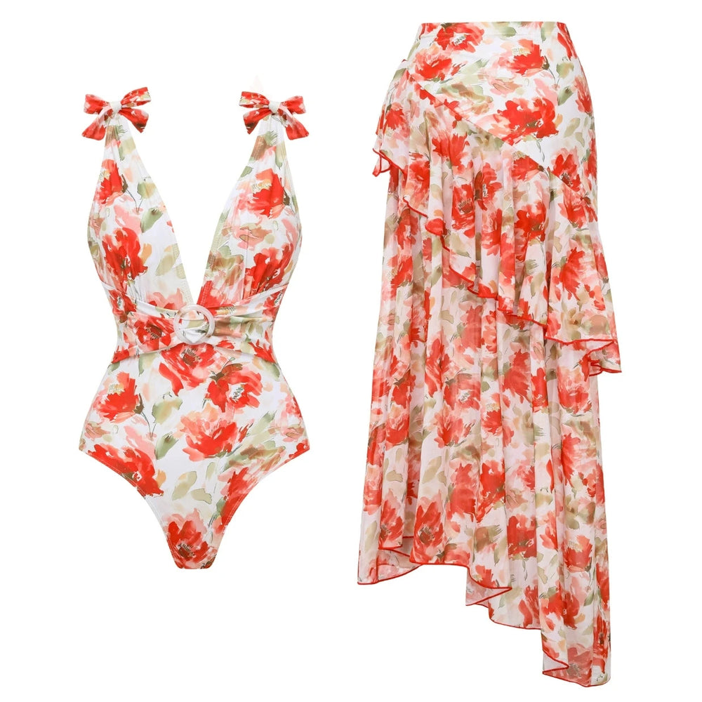Swimwear set including a one-piece swimsuit and a ruffled skirt.