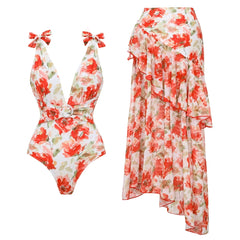 Swimwear set including a one-piece swimsuit and a ruffled skirt.