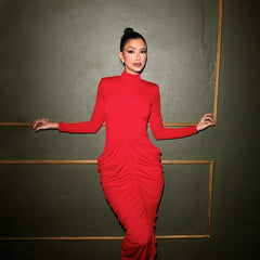 Turtleneck Ruched Long Sleeve Maxi Dress