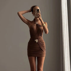 Halter Metal Buckle Ruched Mini Sheath Dress