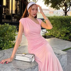 Asymmetrical Neckline Short Sleeve Ruched Maxi Dress