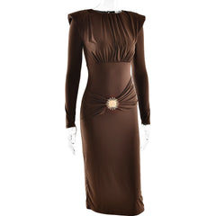 Long Sleeve Draped Metal Detail Maxi Dress