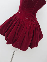 Red velvet dress with sequin details on a white background
