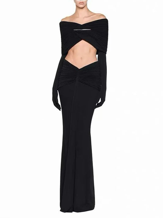 Black off-shoulder draped top and high-waist maxi skirt with long gloves.