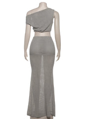 Mannequin wearing a gray two-piece outfit on a white background