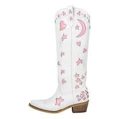 White knee-high boot with pink star and moon embroidery, showcasing a pointed toe and block heel.