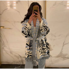 Paisley Tie-Waist Fringe Knit Cardigan