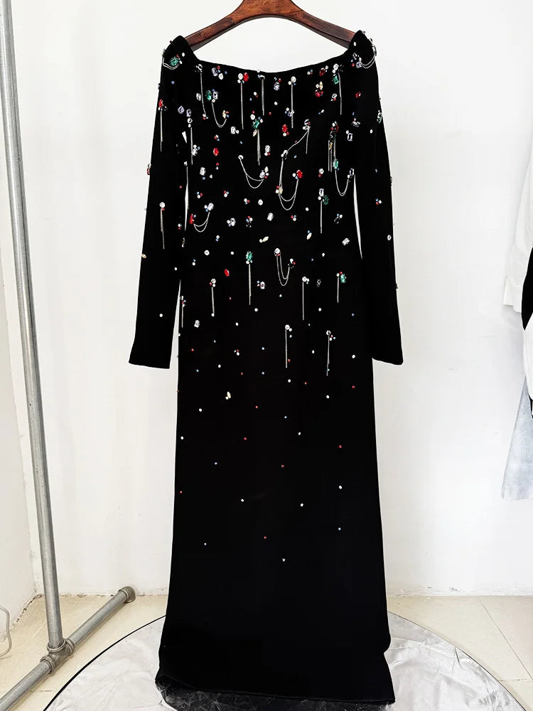Beaded Slash Neck Maxi Dress on a hanger