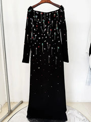Beaded Slash Neck Maxi Dress on a hanger