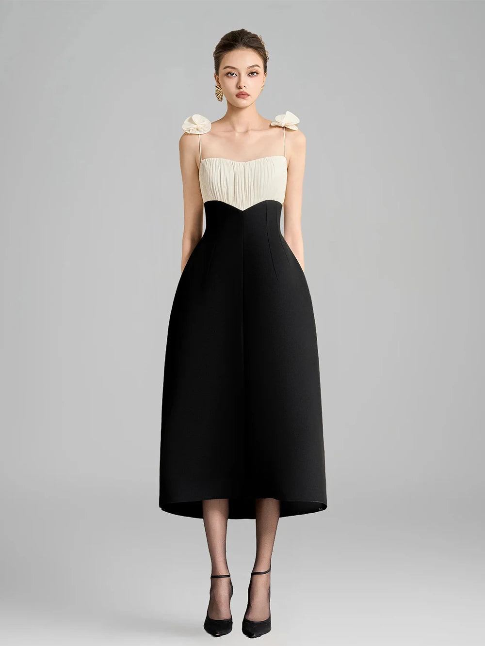 Spaghetti strap ruched bodice midi dress with floral shoulder appliqu�s