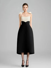 Spaghetti strap ruched bodice midi dress with floral shoulder appliqu�s