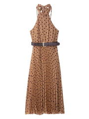 Brown polka dot dress with a belt on a white background